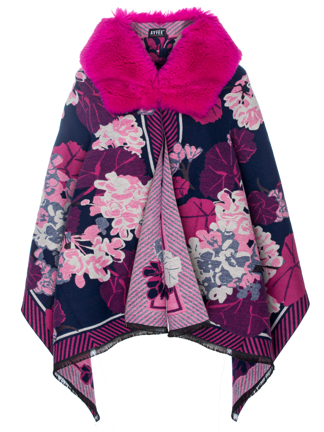 MANTELLA CON COLLO IN PELLICCIA FLOWER AND LEAVES JACQUARD, TG UNICA